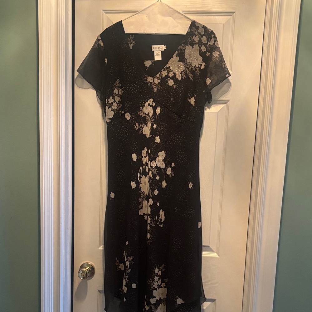 CDC Black Midi Dress with Cream Floral Print
